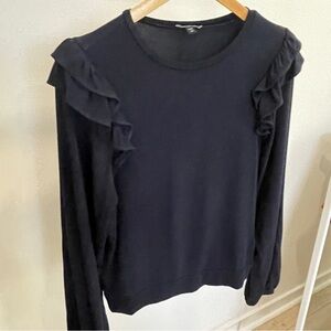 Express Navy Blue Ruffle Long Sleeve Top Balloon Sleeve Womens Size SP Feminine